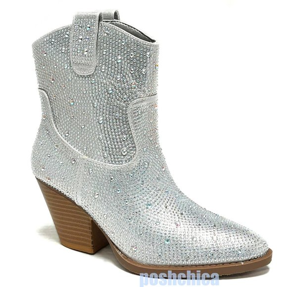 New Women Silver Rhinestone Sparkly Cowboy Western Boots - Picture 5 of 8
